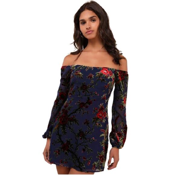 Lulus Magnificent Charm Navy Floral Burnout Velvet Off-the-Shoulder Dress Siz S - Picture 9 of 12